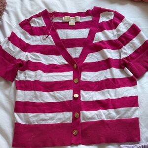 Michael Kors Fuchsia and White Striped Short-Sleeve Cardigan